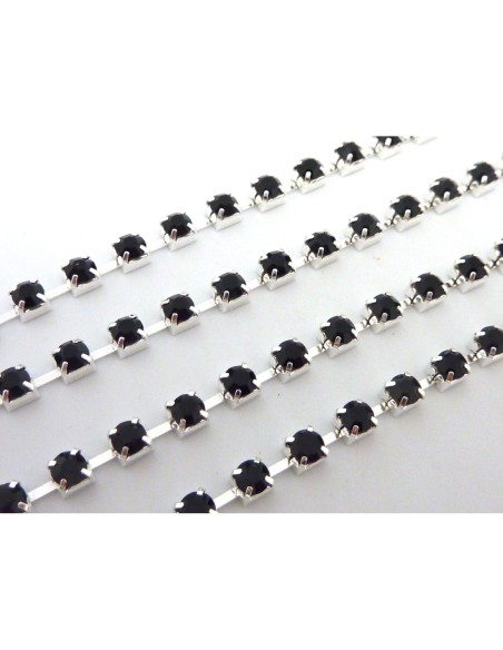 25cm de chaînette strass noir 3,3mm et métal argenté