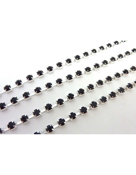 25cm de chaînette strass noir 3,3mm et métal argenté