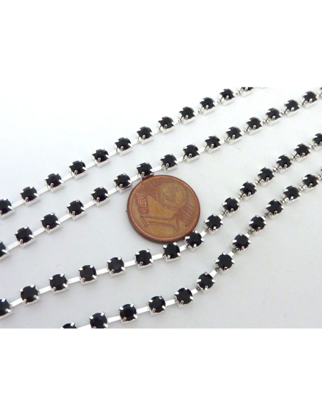25cm de chaînette strass noir 3,3mm et métal argenté