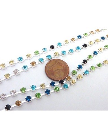 Chaine strass en métal argenté multicolore bleu, vert, jaune