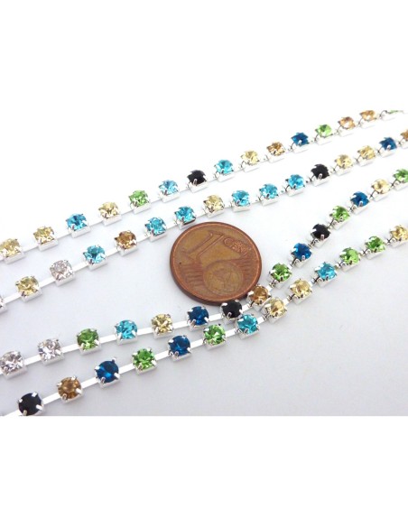 Chaine strass en métal argenté multicolore bleu, vert, jaune