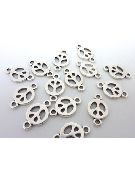 10 Perles connecteur Peace 15,2mm en métal argenté