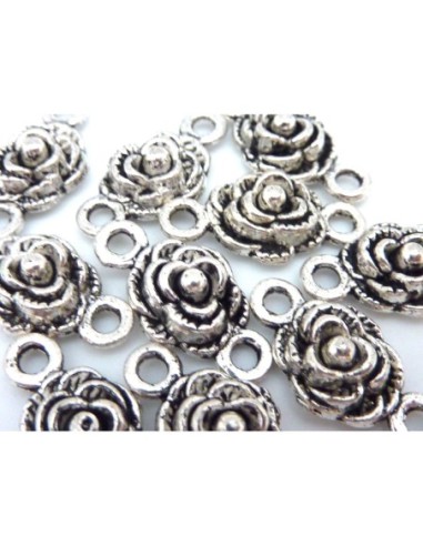 10 Perles connecteur rose 9,4mm en métal argenté