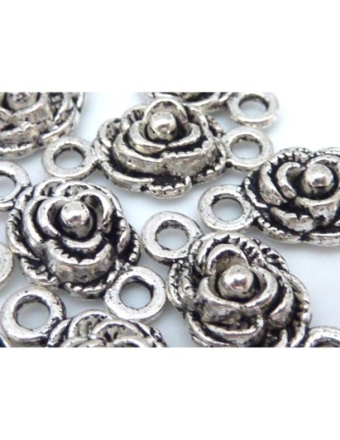 10 Perles connecteur rose 9,4mm en métal argenté