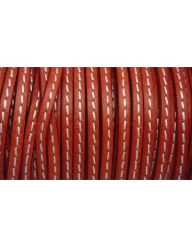 1m de Cordon cuir plat 3mm avec couture rouge