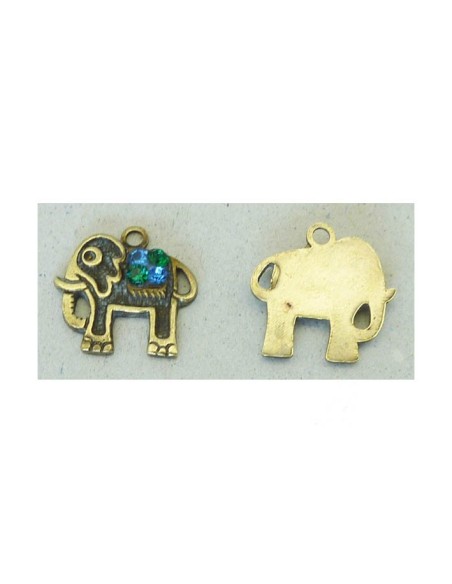 Breloque éléphant Vintage en laiton doré avec strass bleu et vert