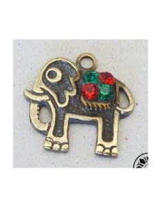 Pendentif éléphant Vintage 50's en laiton doré vieilli, strass rouge