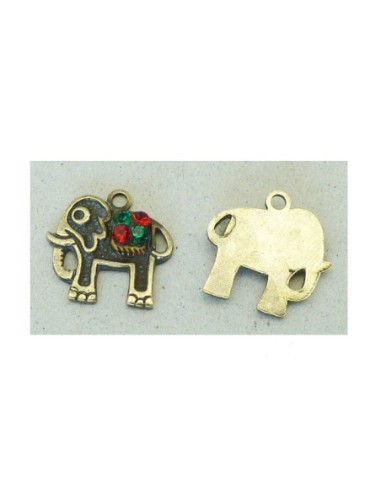 Pendentif éléphant Vintage en laiton avec strass rouge et vert