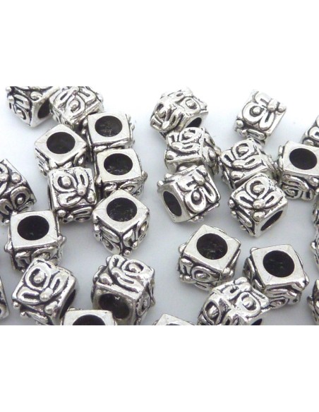 R-5 perles cube, facette 9,4mm en métal argenté ouvragé à gros trou 4,8m
