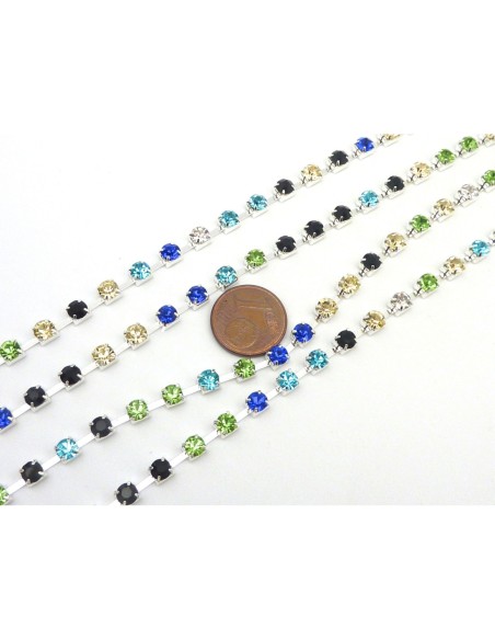 Chainette strass argenté multicolore bleu, vert, jaune, noire