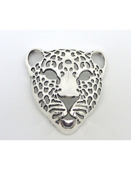 Grand Pendentif Tête de Félin 49mm en métal argenté