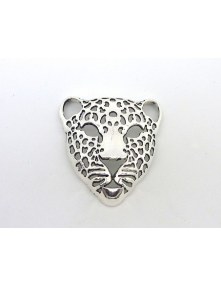 Grand Pendentif Tête de Félin 49mm en métal argenté