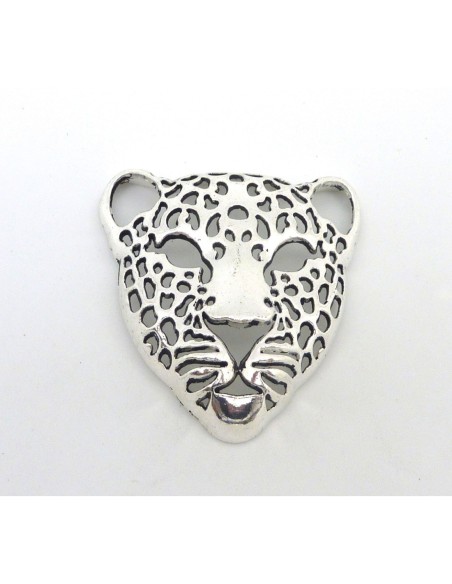 Grand Pendentif Tête de Félin 49mm en métal argenté