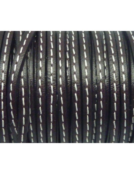 20cm de Cordon cuir plat 3mm avec couture marron très foncé brun