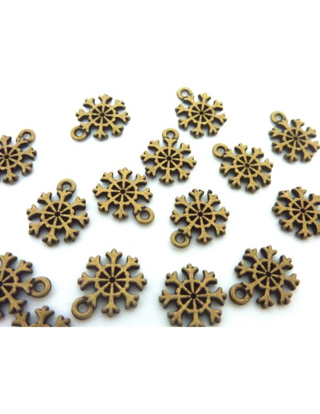 20 Breloques flocon de neige, étoile 13,3mm en métal de couleur bronze