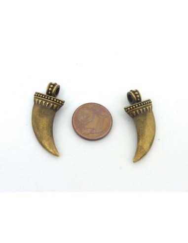 2 Breloques dent, corne 28mm en métal de couleur bronze