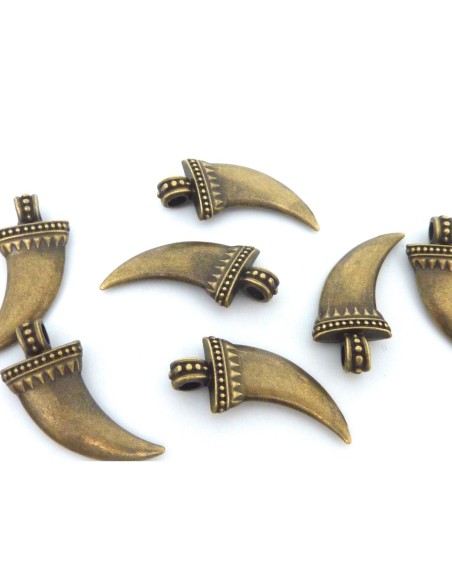 2 Breloques dent, corne 28mm en métal de couleur bronze