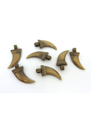 2 Breloques dent, corne 28mm en métal de couleur bronze