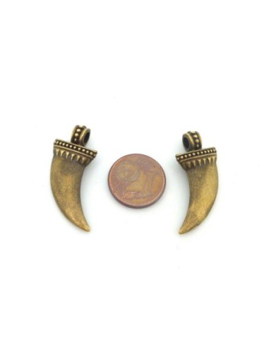 2 Breloques dent, corne 28mm en métal de couleur bronze
