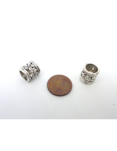 10 perles passant tube ajouré 10,3mm en métal argenté motif fleur