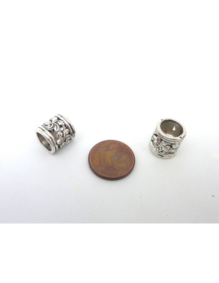 10 perles passant tube ajouré 10,3mm en métal argenté motif fleur