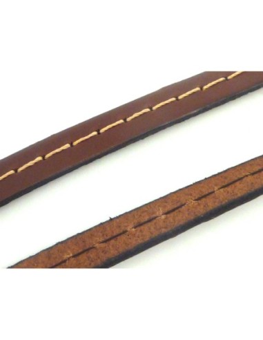 1cm de Cordon cuir plat 10mm avec couture marron - CUIR VERITABLE - VENDU AU CM
