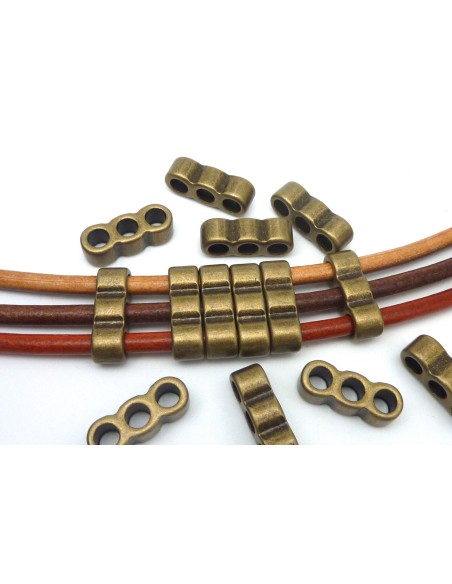 3 Perles, connecteur multi rangs, 3 trous, 24mm en métal de couleur bronze