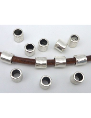 20 Perles tube martelé en métal argenté à gros trou pour cordon de 6mm