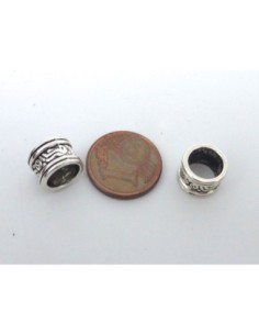 10 Perles gravé 9,3mm en métal argenté à gros trou 2