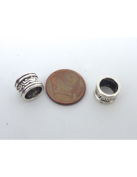 10 Perles gravé 9,3mm en métal argenté à gros trou