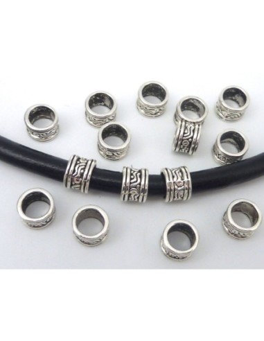 10 Perles gravé 9,3mm en métal argenté à gros trou