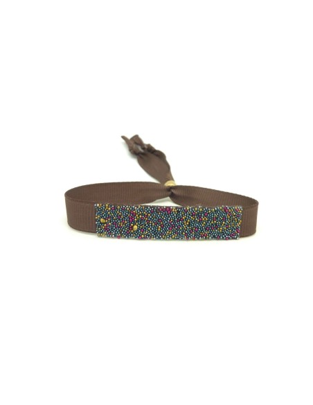 Kit de création Bracelet ruban ajustable marron fauve et microbilles multicolore thermocollante fond noir