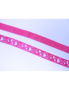 R- 3,5m Ruban coeur 15mm coeur blanc sur fond rose vif