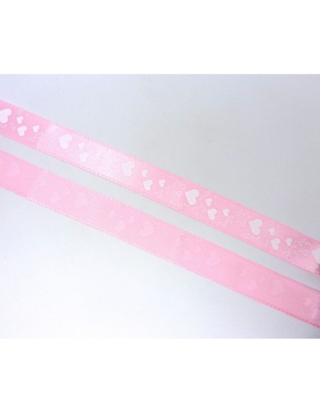 R-3,5m Ruban coeur 15mm coeur blanc sur fond rose pâle