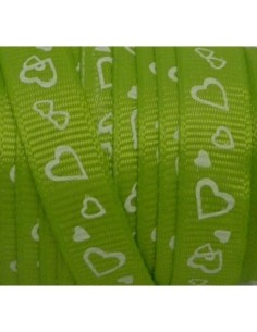 R-5m Ruban fantaisie 10mm coeur blanc sur fond vert anis