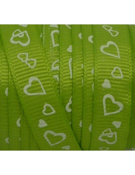 R-5m Ruban fantaisie 10mm coeur blanc sur fond vert anis