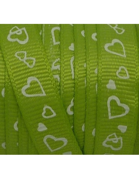 R-5m Ruban fantaisie 10mm coeur blanc sur fond vert anis