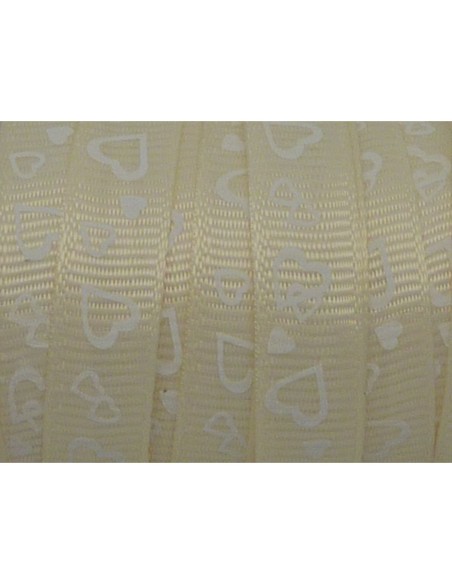 R-5m Ruban fantaisie 10mm coeur blanc sur fond crème