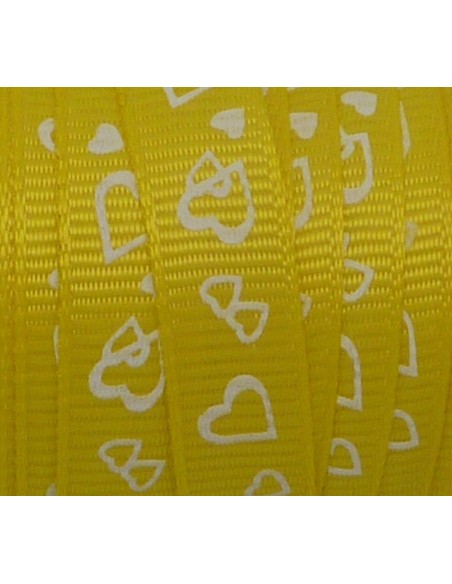 R-5m Ruban fantaisie 10mm coeur blanc sur fond jaune citron