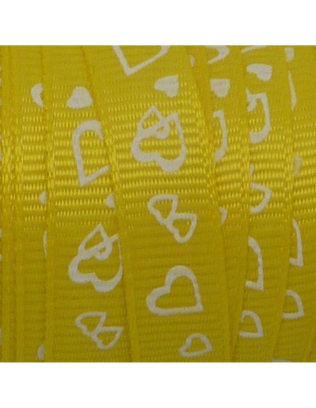 R-5m Ruban fantaisie 10mm coeur blanc sur fond jaune citron