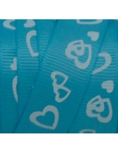 Ruban plat polyester motif coeur blanc sur fond bleu clair