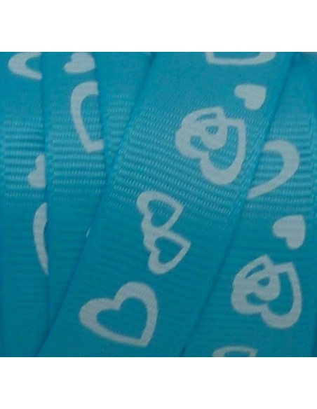 Ruban plat polyester motif coeur blanc sur fond bleu clair