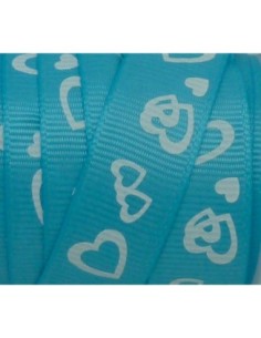 Ruban plat polyester motif coeur blanc sur fond bleu clair 2