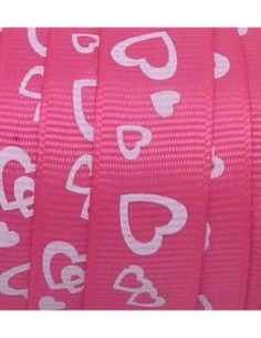 Ruban plat polyester motif coeur blanc sur fond  rose vif