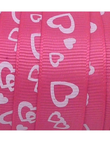 Ruban plat polyester motif coeur blanc sur fond  rose vif