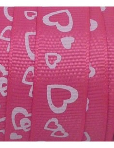 Ruban plat polyester motif coeur blanc sur fond  rose vif 2