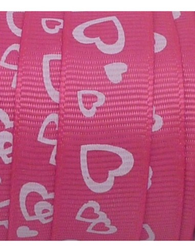 Ruban  fantaisie imprimé coeur blanc sur fond rose vif pas cher 