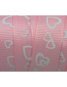 Ruban fantaisie plat 15mm imprimé coeur blanc sur fond rose pâle