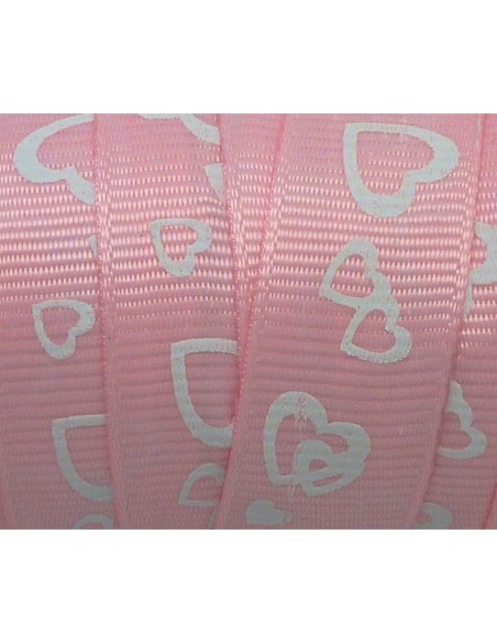 Ruban fantaisie plat 15mm imprimé coeur blanc sur fond rose pâle Ruban fantaisie plat 15mm imprimé coeur blanc sur fond rose pâle