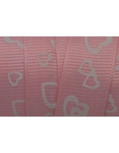 Ruban fantaisie plat 15mm imprimé coeur blanc sur fond rose pâle 2